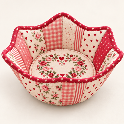 Roseheart patchwork bowl cozy in red, blush pink and ivory with a scalloped heart-print bound rim