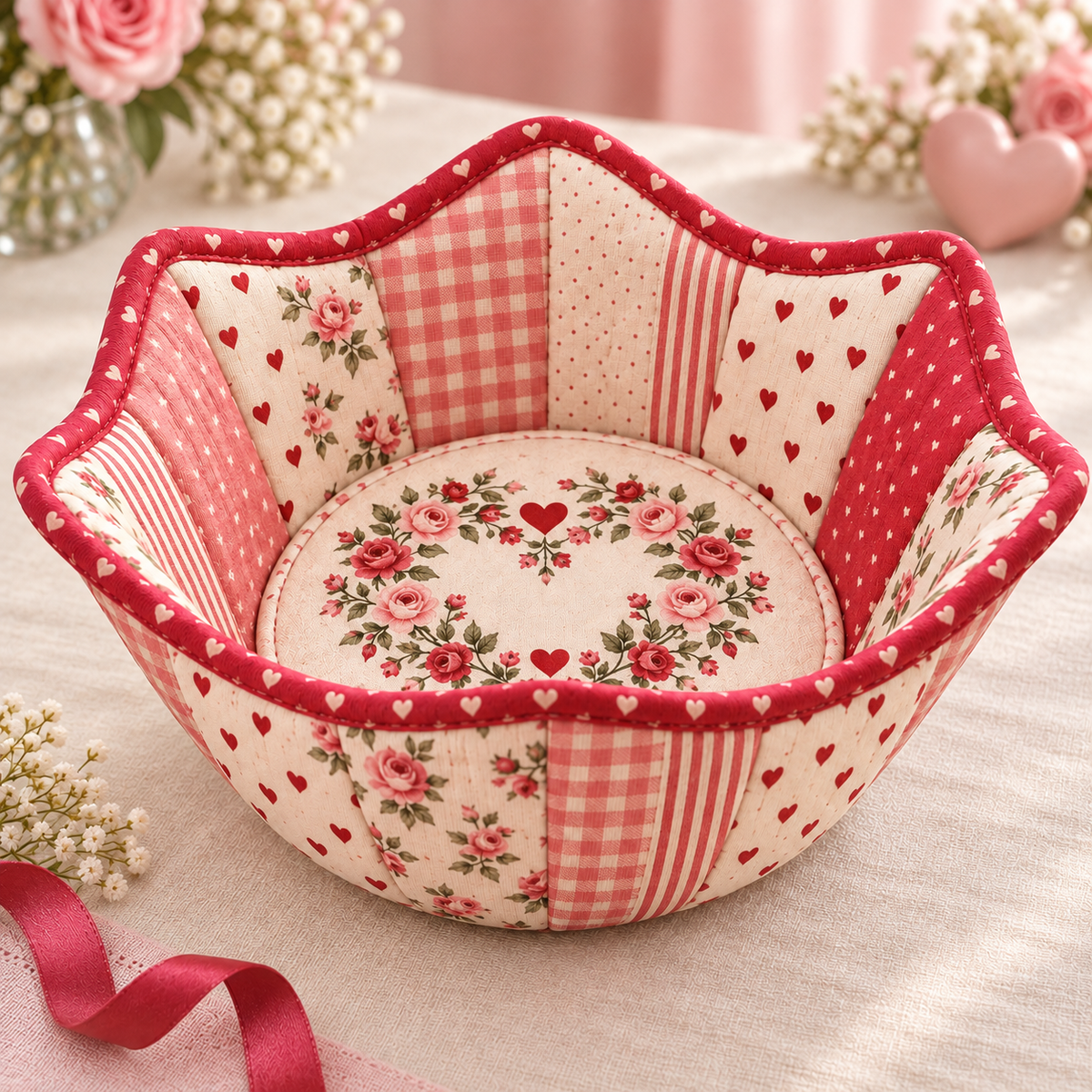 Roseheart bowl cozy with rose, heart and gingham fabrics on a Valentine-inspired table