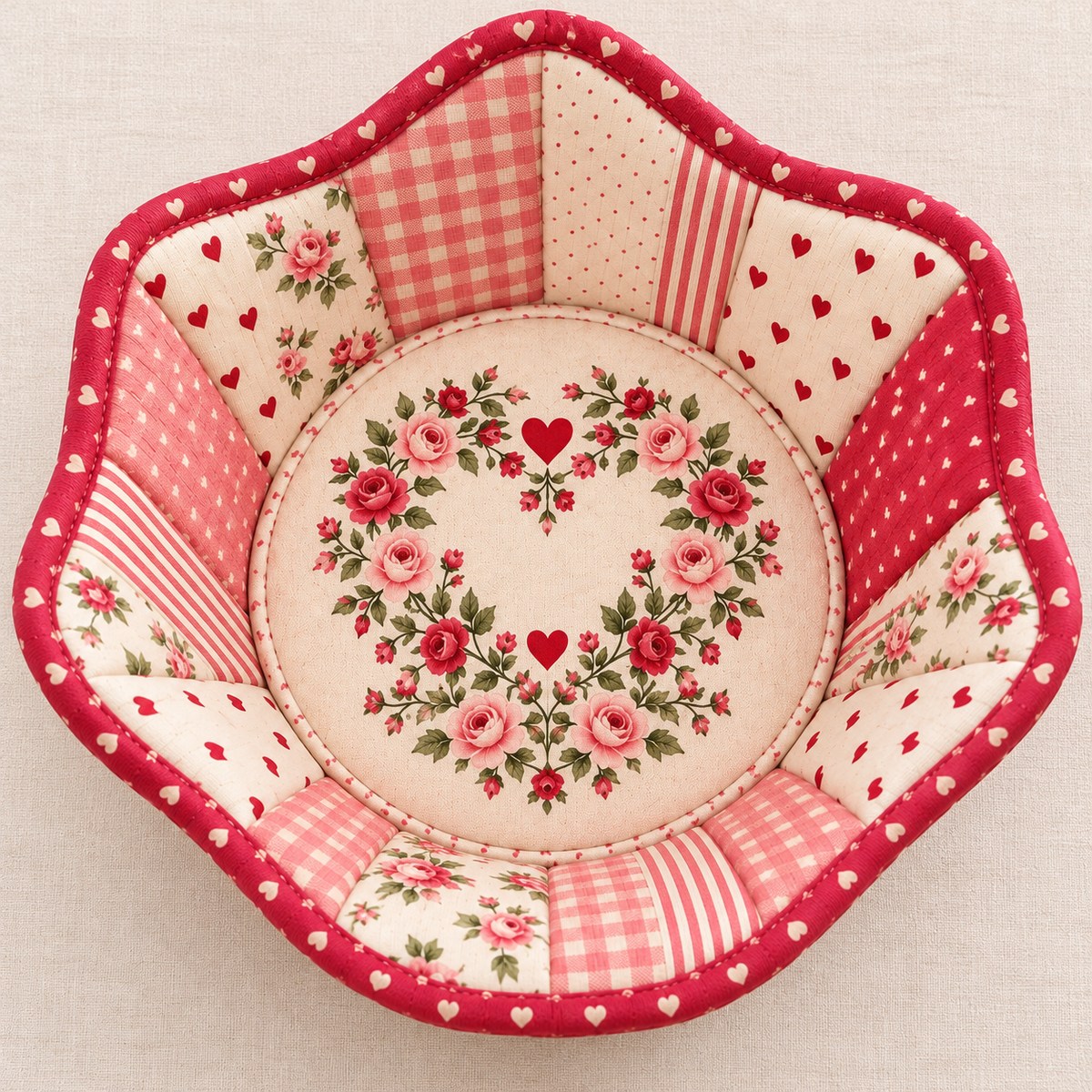 Elevated view of the Roseheart bowl cozy interior with a circular rose-wreath fabric centre