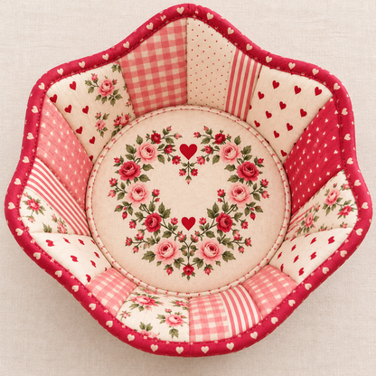 Elevated view of the Roseheart bowl cozy interior with a circular rose-wreath fabric centre