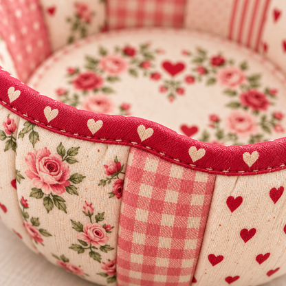 Close-up of red heart-print bias binding and stitching on the Roseheart bowl cozy