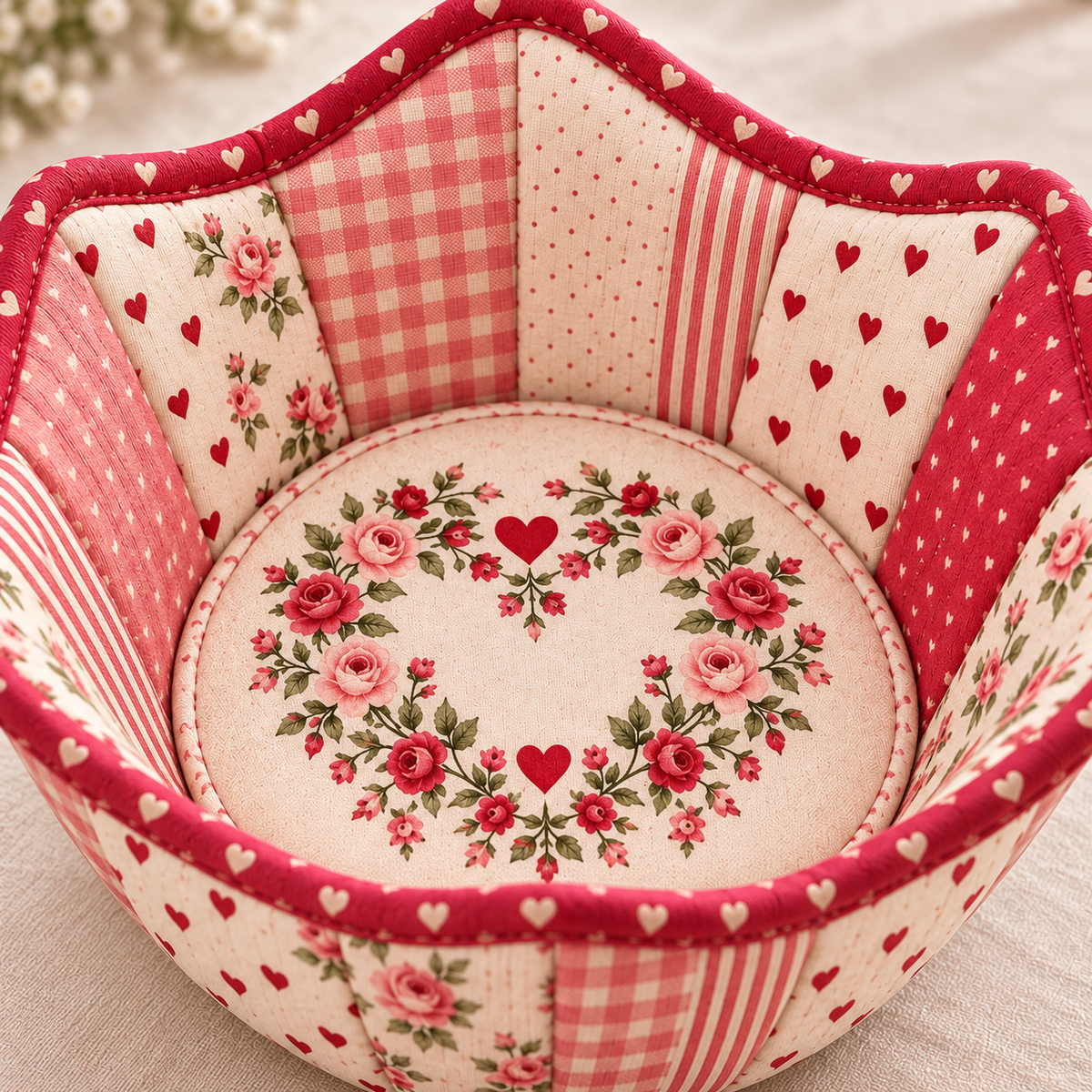 Rose-wreath printed fabric and quilted circular centre inside the Roseheart bowl cozy