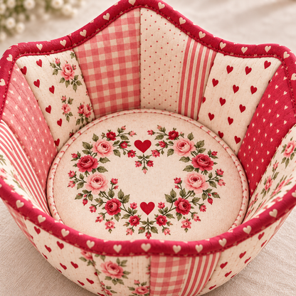 Rose-wreath printed fabric and quilted circular centre inside the Roseheart bowl cozy