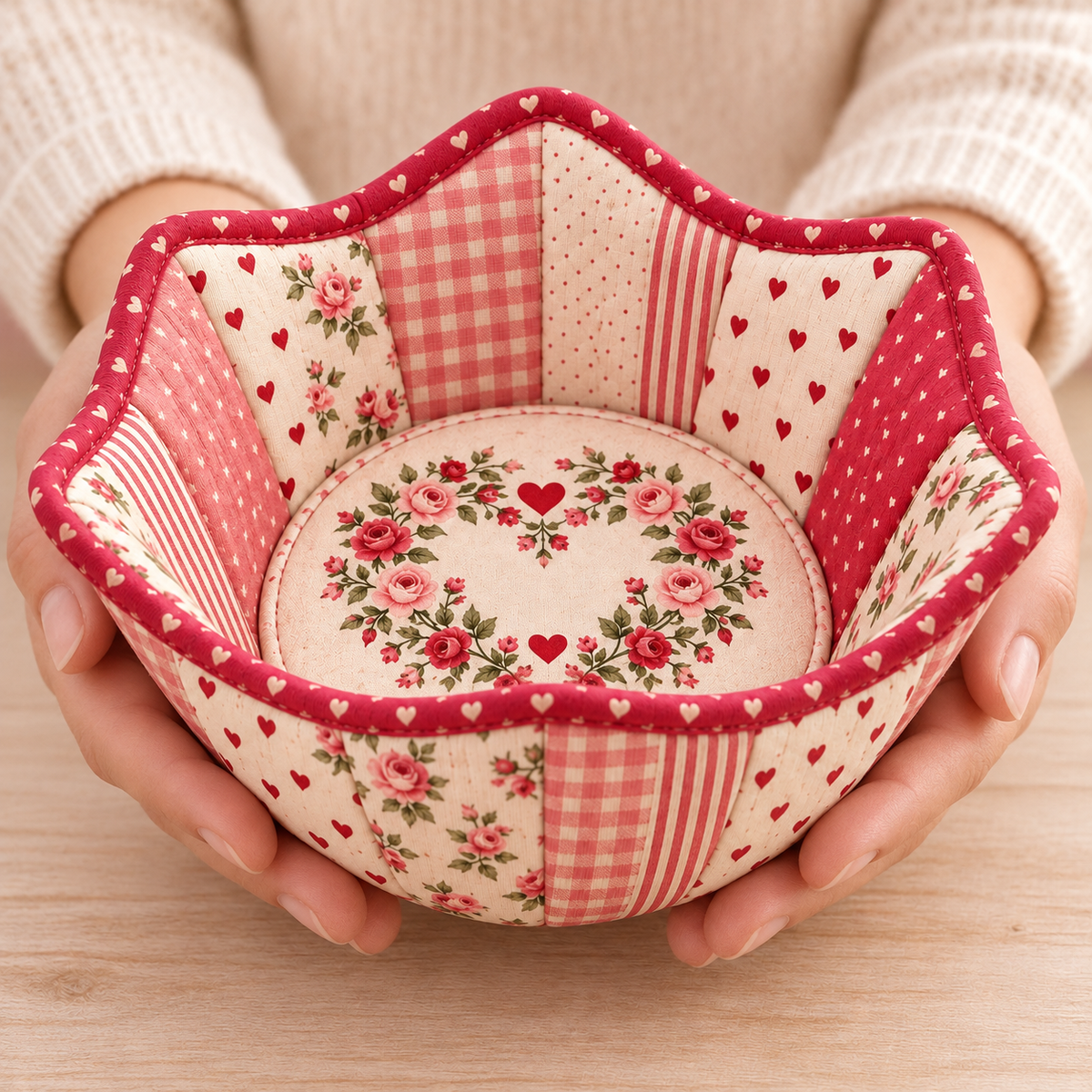 Hands holding the Roseheart patchwork bowl cozy to show its finished form