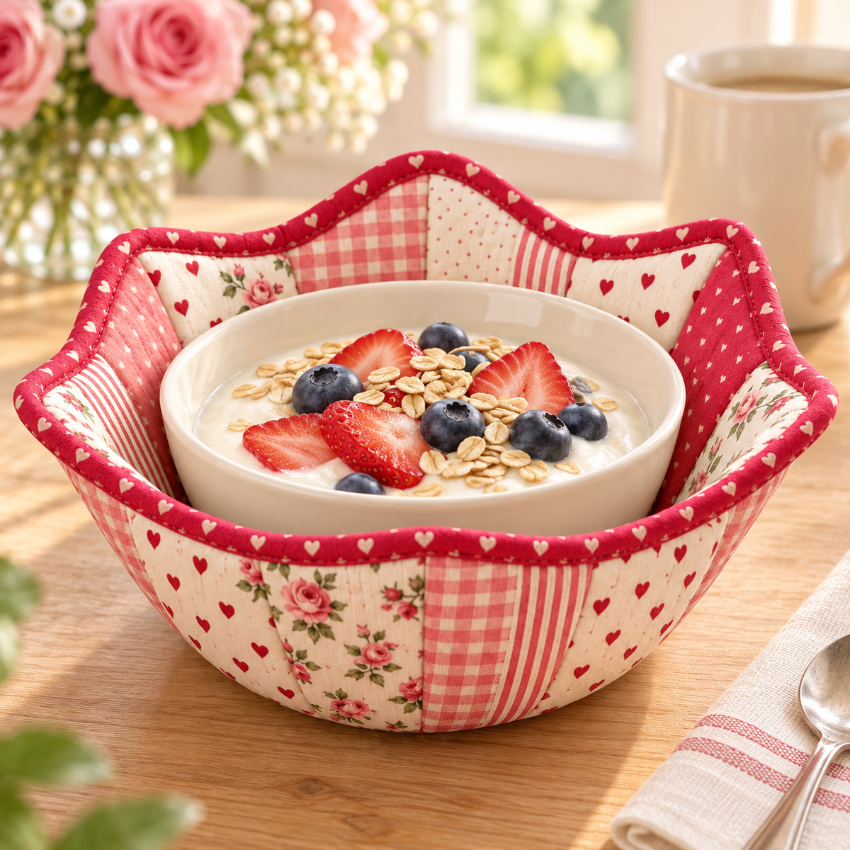 Ceramic breakfast bowl with yogurt and berries placed inside the Roseheart fabric bowl cozy
