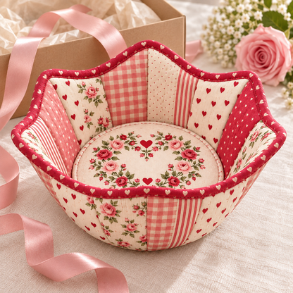 Roseheart bowl cozy beside a kraft gift box and blush ribbon for handmade gift inspiration