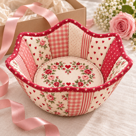 Roseheart bowl cozy beside a kraft gift box and blush ribbon for handmade gift inspiration