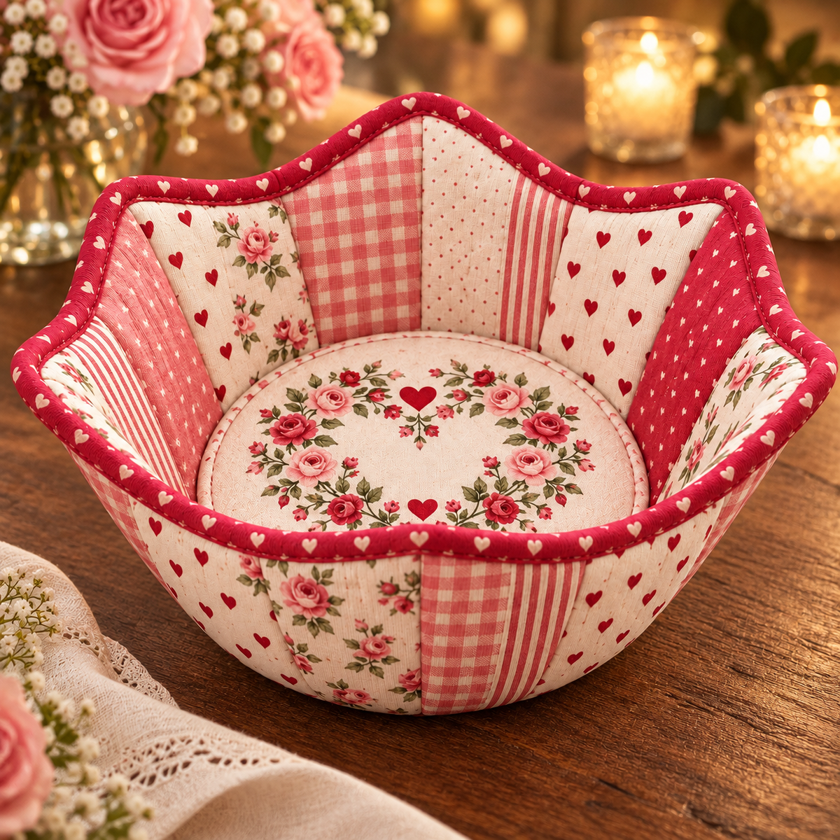 Roseheart patchwork bowl cozy on a wooden table in a softly lit romantic setting