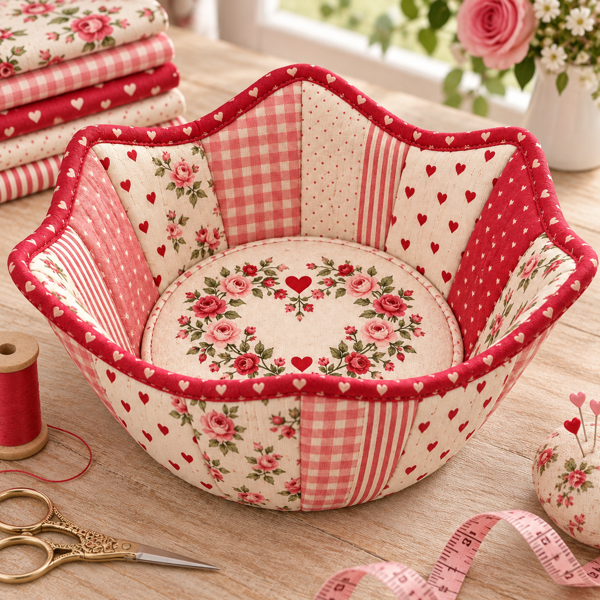 Roseheart bowl cozy with coordinating fabrics and sewing supplies in a sewing studio