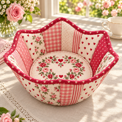 Roseheart floral and heart-print bowl cozy beside roses and a teacup in afternoon light
