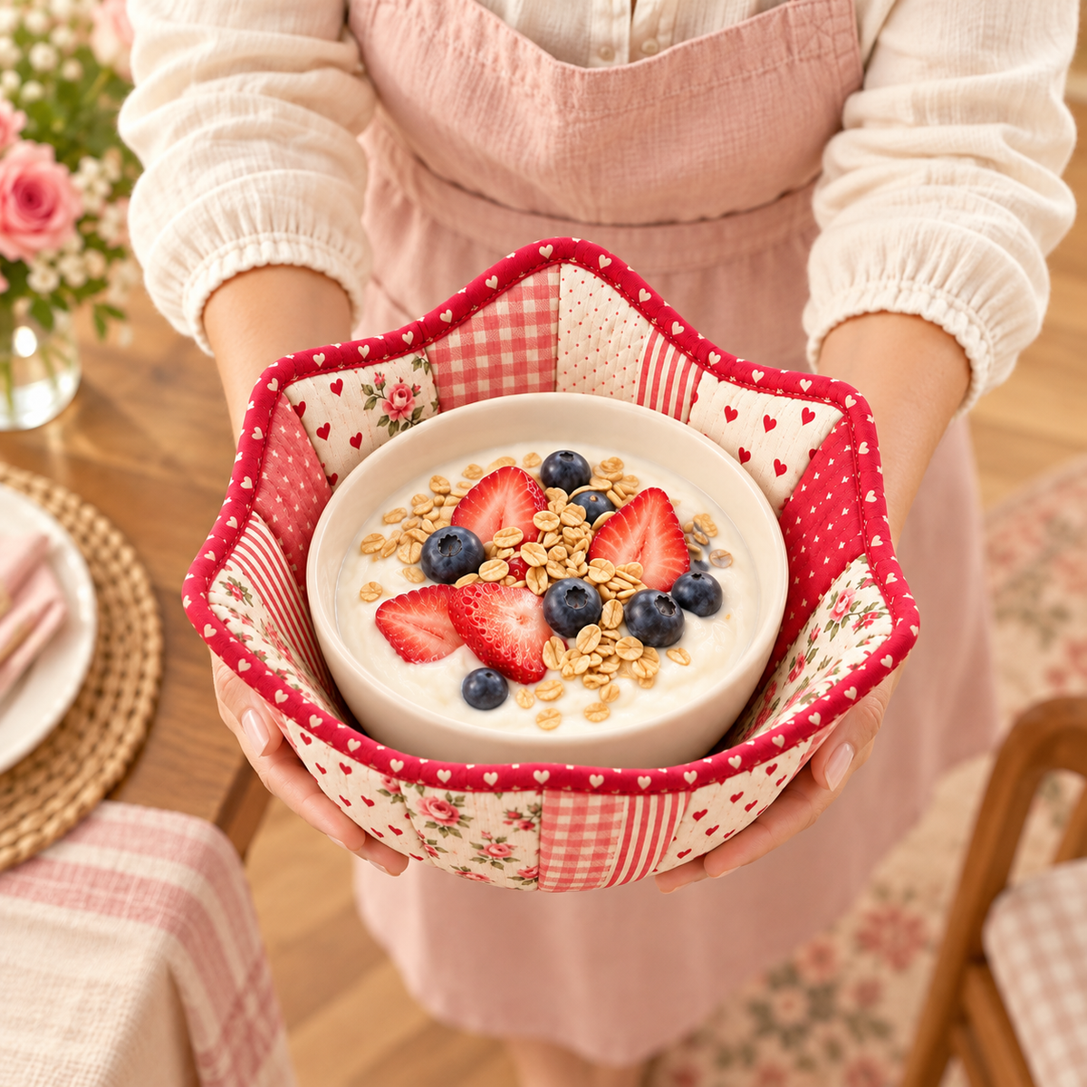 Elevated angle of hands presenting the Roseheart bowl cozy with a ceramic yogurt and fruit bowl inside