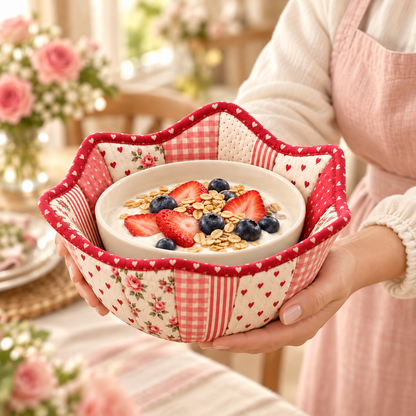 Side angle of a woman presenting the Roseheart bowl cozy with a ceramic breakfast bowl inside, face outside the frame
