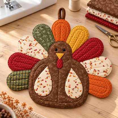 Turkey potholder beside a sewing machine, scissors and fall fabric scraps on a wooden sewing table