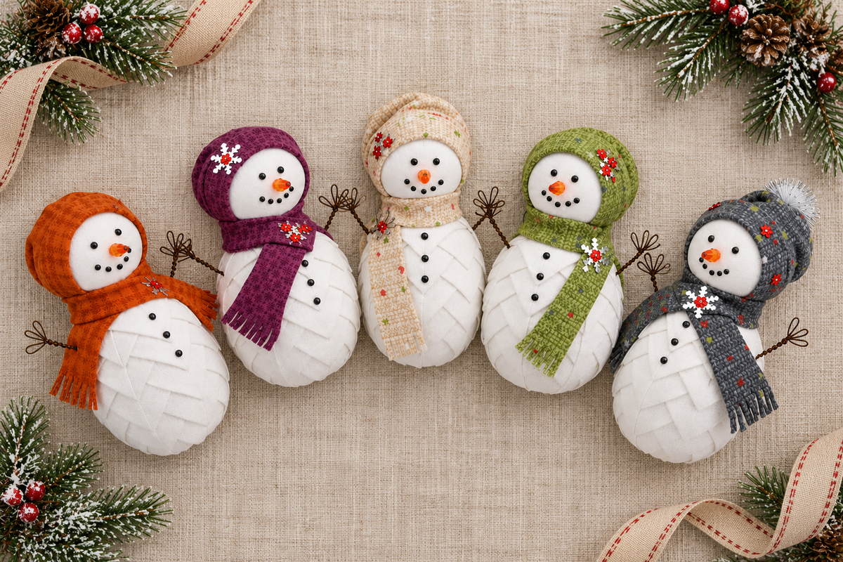 Five snowman ornament colorways on linen, folded fabric triangles with colorful hats and scarves