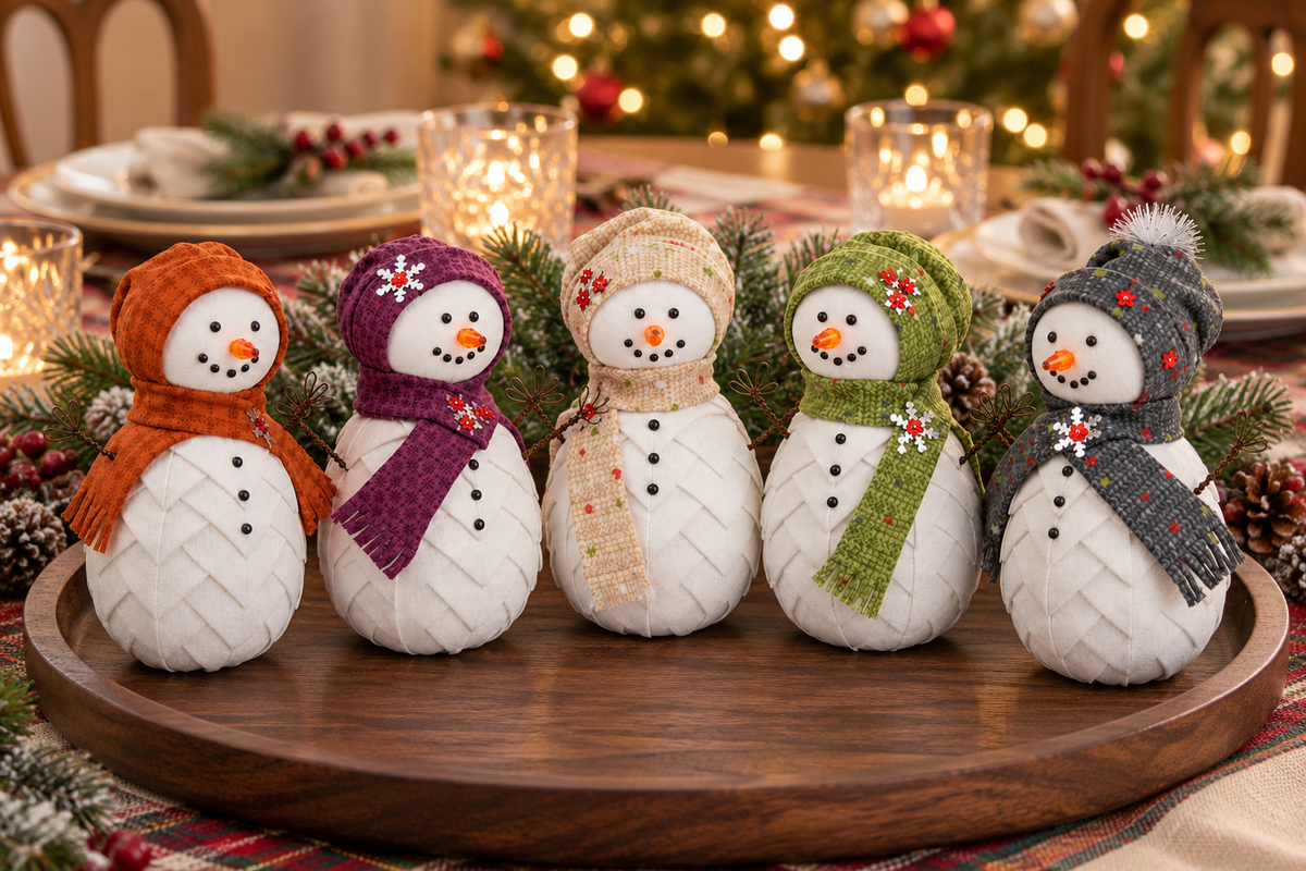 Quilted snowman ornaments arranged as a Christmas table centerpiece on a wooden tray