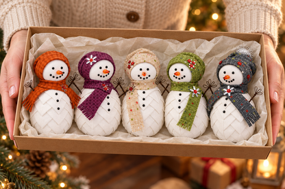 Set of folded fabric snowman ornaments in a gift box, a handmade Christmas gift idea