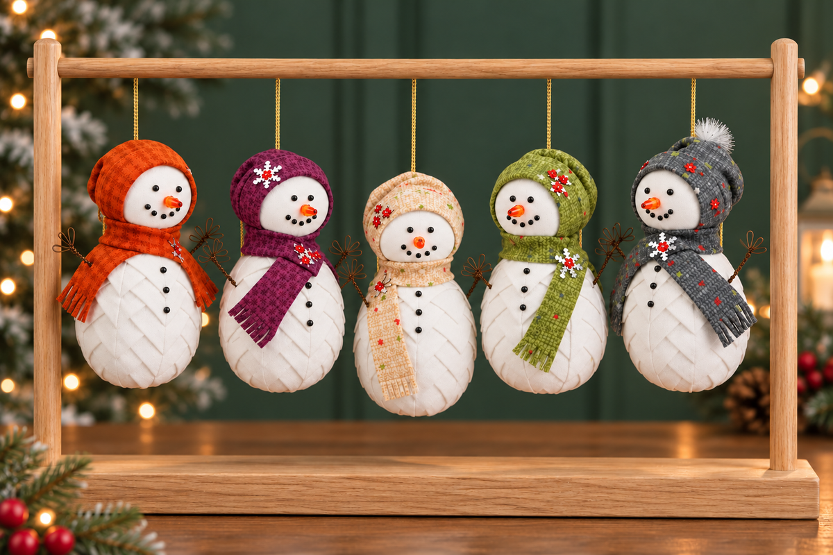 Five handmade snowman ornaments hanging from a wooden ornament display stand