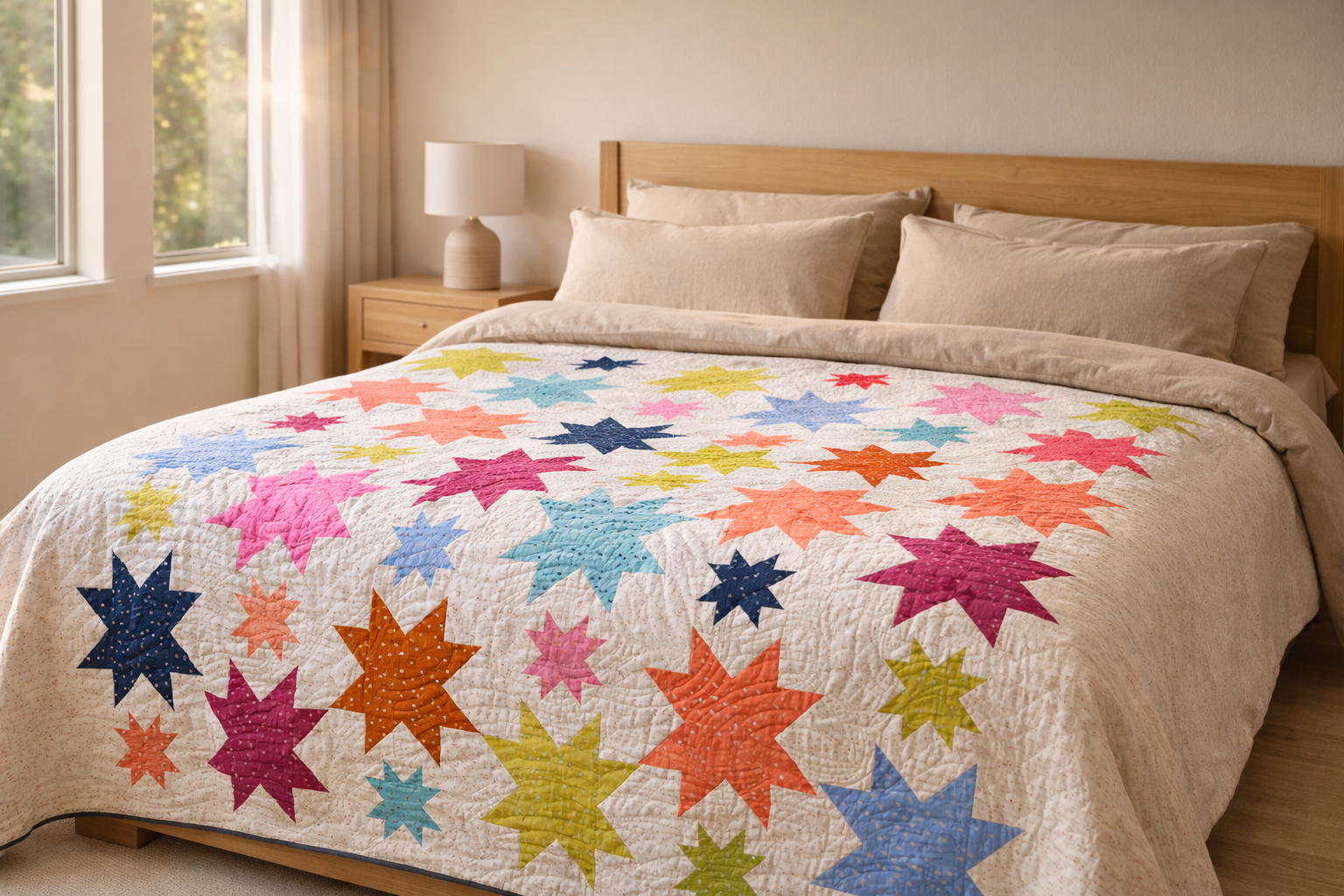 Starburst quilt draped on bedroom bed in modern home – colourful multicolour star patchwork quilt PDF pattern beginner-friendly
