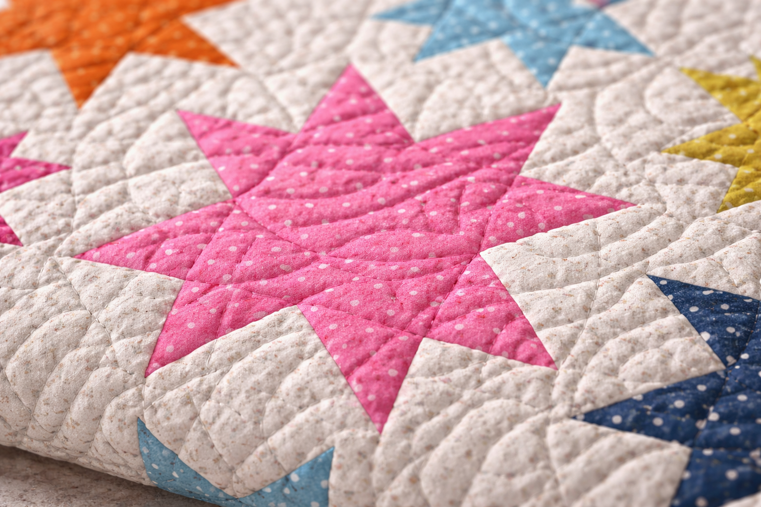 Close-up of Starburst quilt block showing pink polka dot and blue fabric star detail – patchwork star quilt PDF pattern beginner-friendly quilting