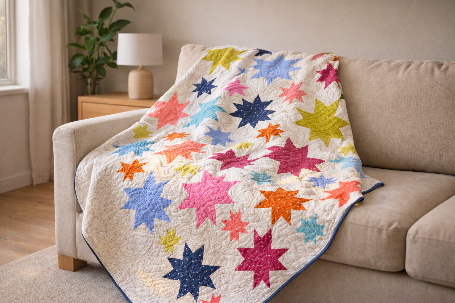 Starburst quilt draped over beige sofa in bright living room – colourful bold star patchwork quilt PDF pattern modern home decor