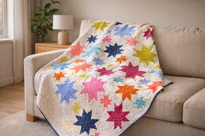 Starburst quilt draped over beige sofa in bright living room – colourful bold star patchwork quilt PDF pattern modern home decor