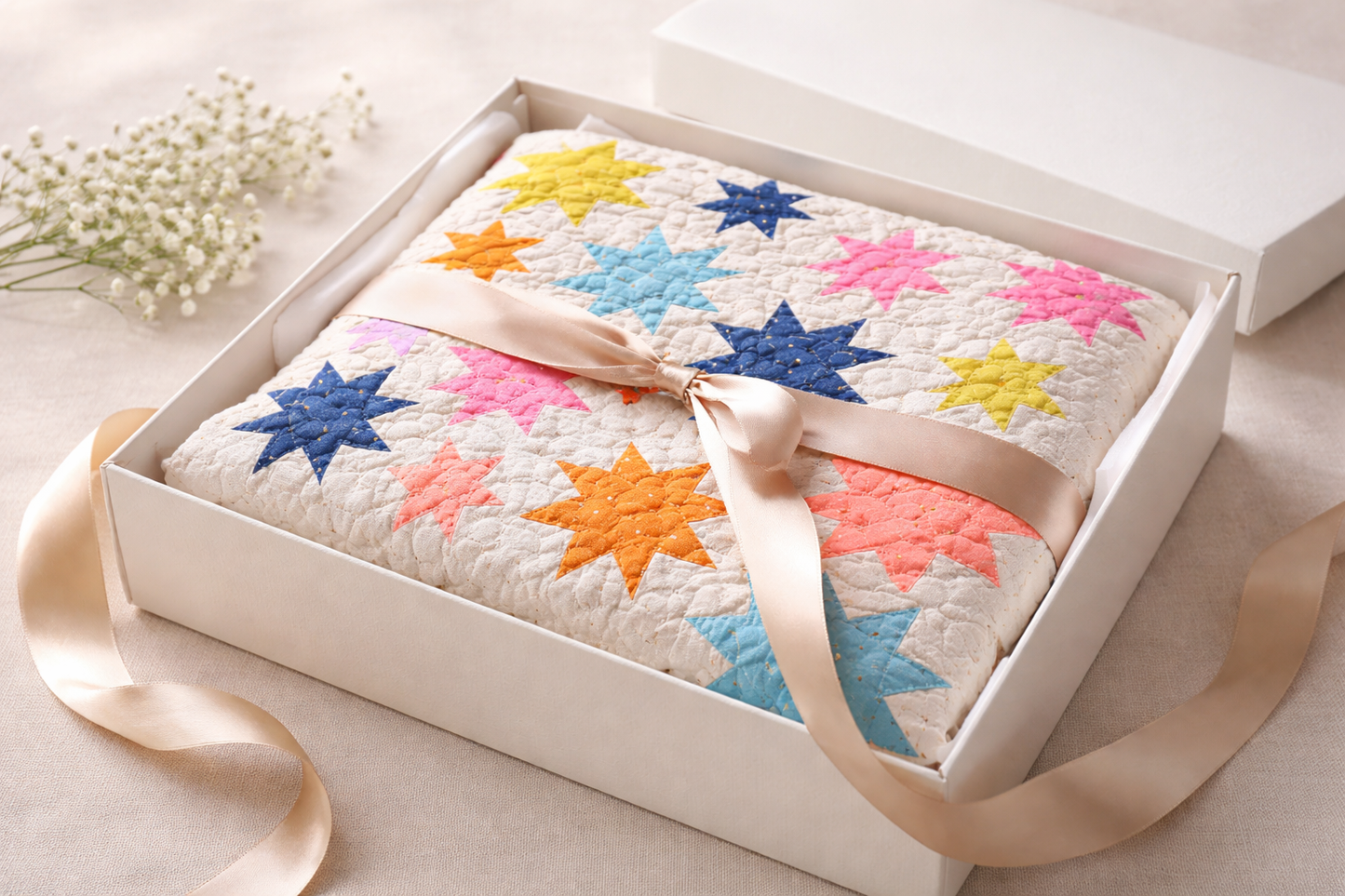 Starburst quilt folded in gift box with ribbon – perfect handmade gift idea, colourful star patchwork quilt PDF pattern instant download