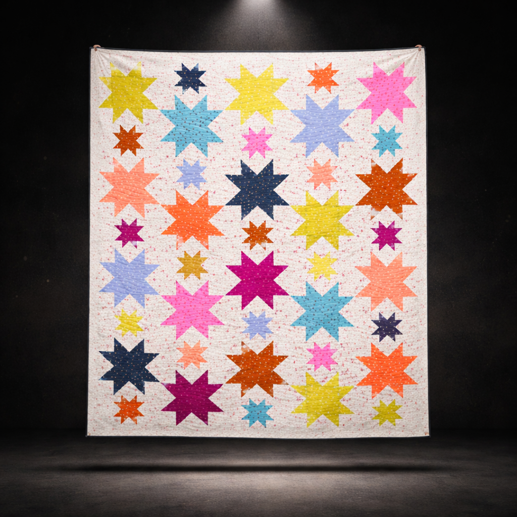 Starburst quilt hanging display on dark background showing full multicolour star pattern – modern patchwork quilt PDF instant download