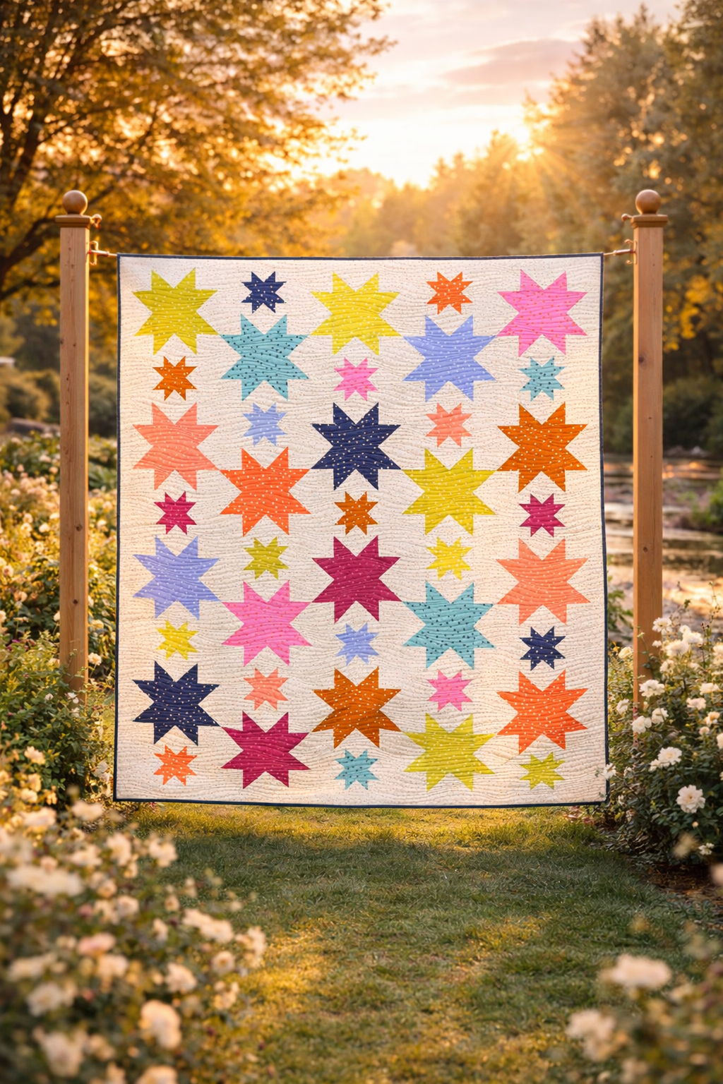 Starburst quilt displayed outdoors at sunset – colourful multicolour star patchwork quilt PDF pattern instant download