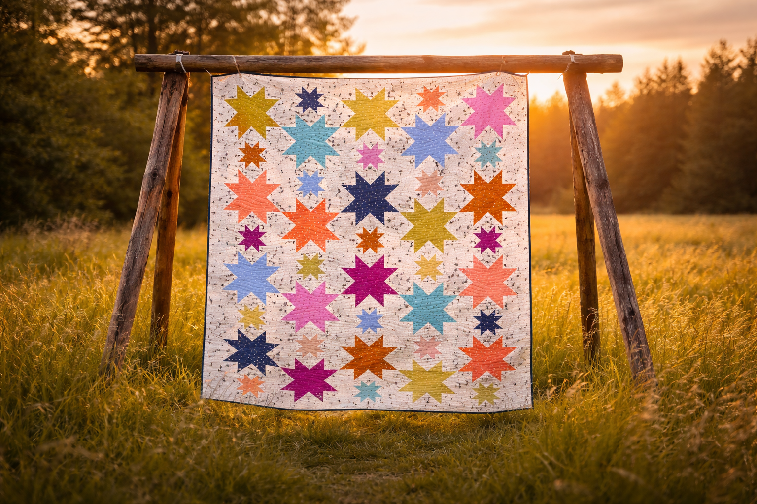 Starburst quilt on rustic wooden stand in sunset field – colourful multicolour star patchwork quilt PDF pattern beginner quilting