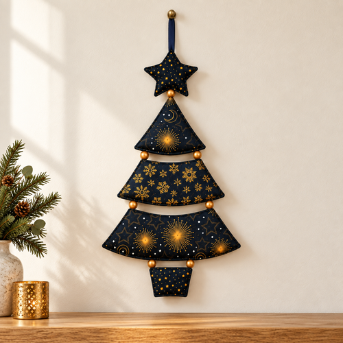 Starlit Evergreen navy and gold fabric Christmas tree wall hanging on an ivory wall; AI-generated styling illustration