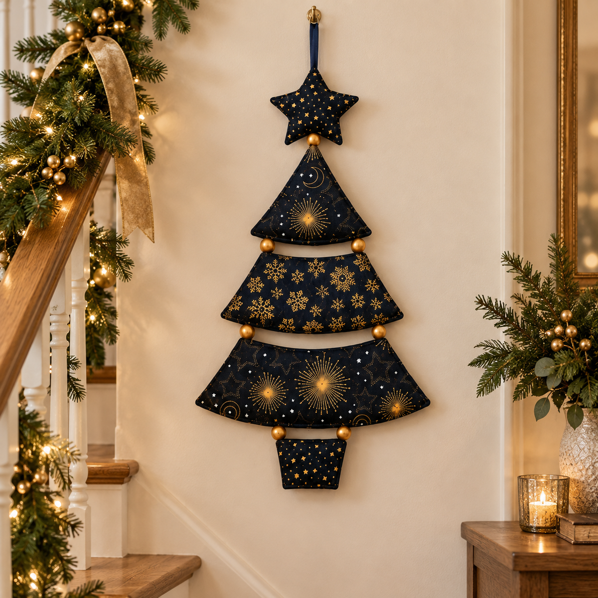 Christmas tree wall hanging beside a decorated staircase; AI-generated styling illustration