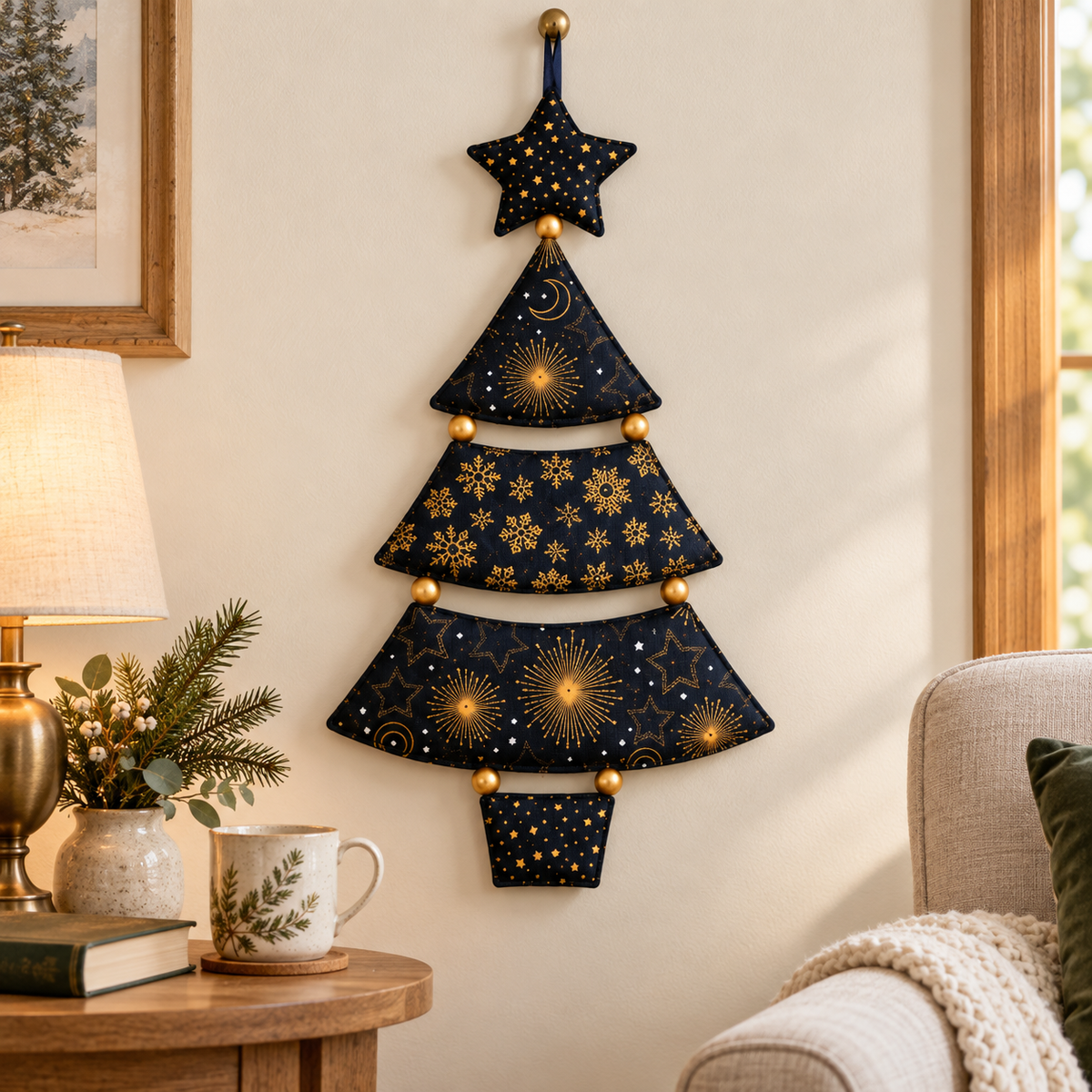 Navy and gold fabric tree in a cozy reading nook; AI-generated styling illustration