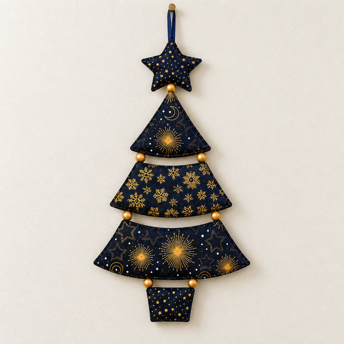 Full front view of the five-panel Christmas tree wall hanging; AI-generated styling illustration