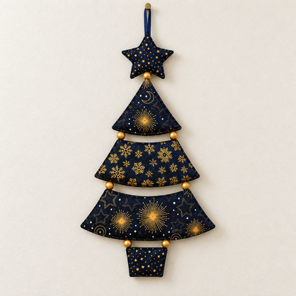 Full front view of the five-panel Christmas tree wall hanging; AI-generated styling illustration