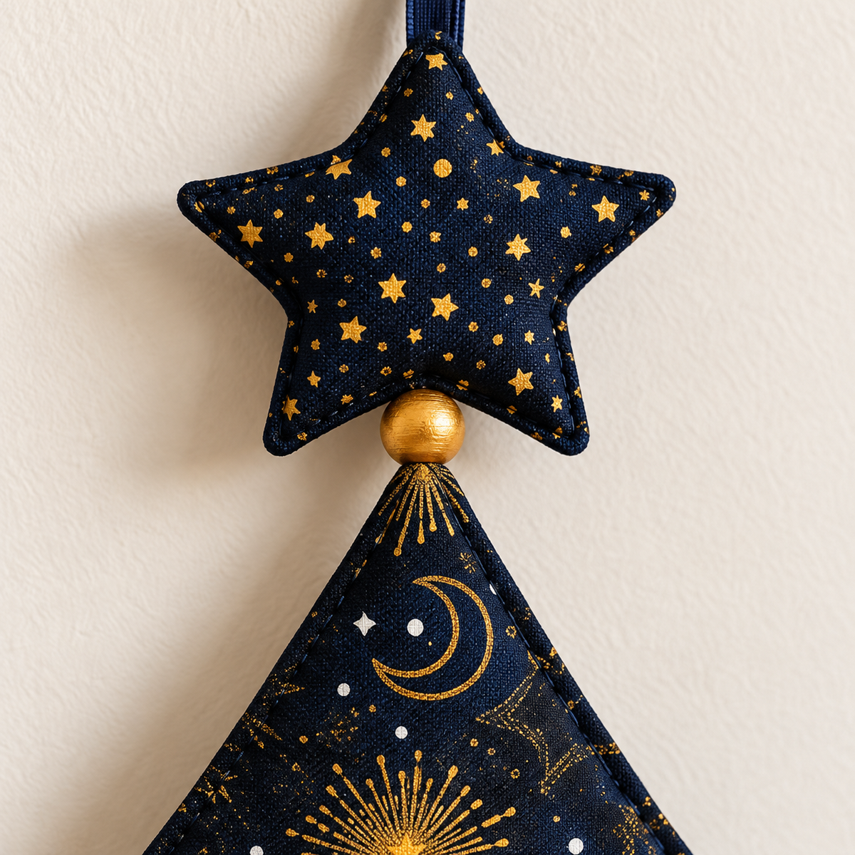 Gold-star cotton fabric and star-to-tree bead connection detail; AI-generated styling illustration