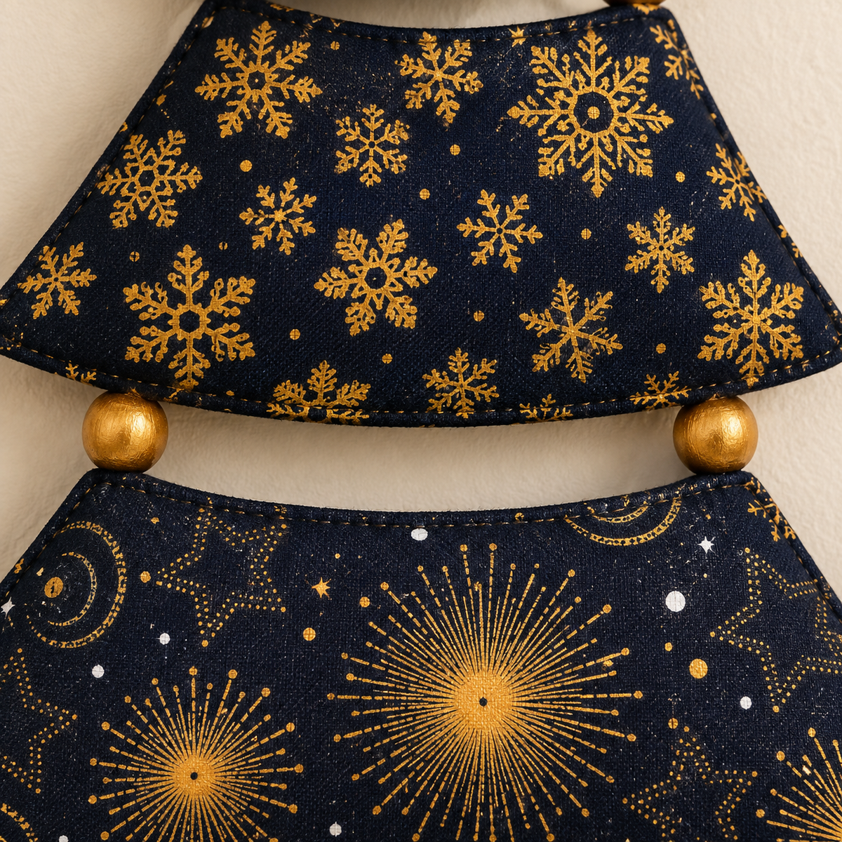 Gold wooden beads connecting snowflake and celestial-print fabric panels; AI-generated styling illustration