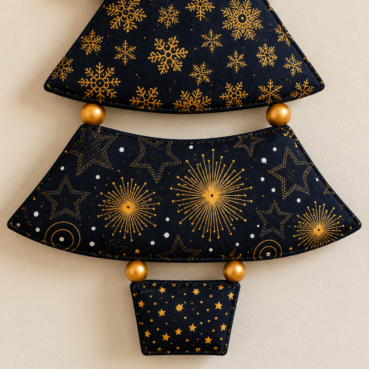Celestial-print lower tree tier and star-print trunk detail; AI-generated styling illustration
