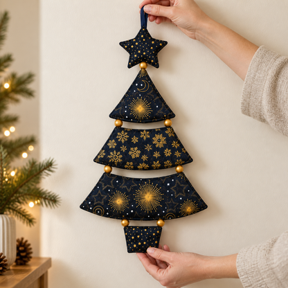 Hand-held Starlit Evergreen fabric tree showing the finished design; AI-generated styling illustration