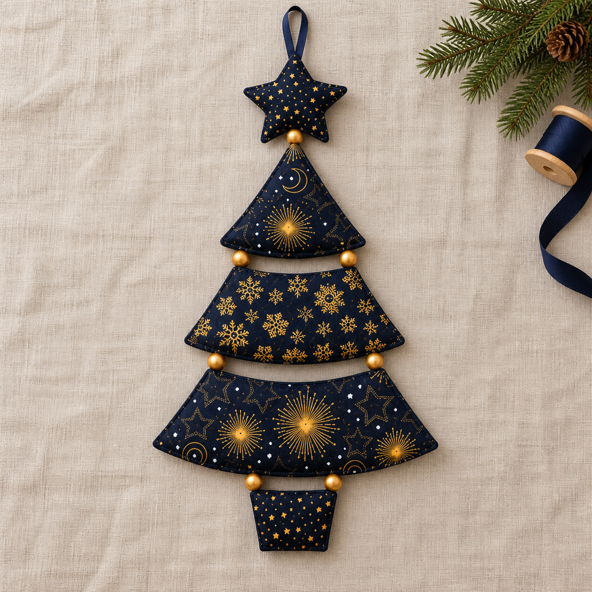 Five-panel fabric Christmas tree laid flat on natural linen; AI-generated styling illustration