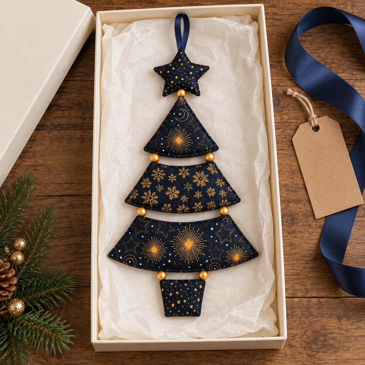 Starlit Evergreen handmade tree styled in a gift box; AI-generated styling illustration