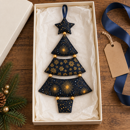 Starlit Evergreen handmade tree styled in a gift box; AI-generated styling illustration