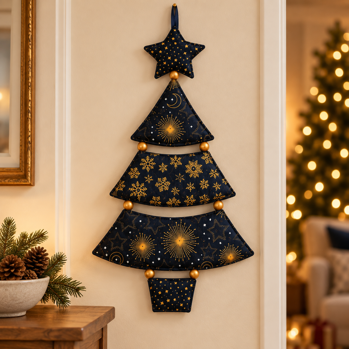 Navy and gold fabric tree in a warm Christmas evening interior; AI-generated styling illustration