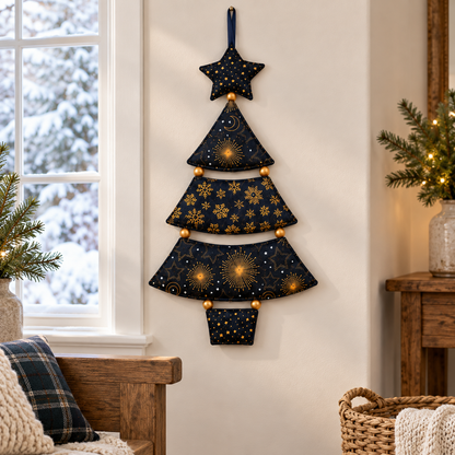 Christmas tree wall hanging beside a snowy winter window; AI-generated styling illustration