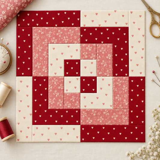 Sweetheart Keepsake quilt block on a sewing table with scissors, thread and matching fabric, PDF pattern project. AI-generated fabric-styling illustration.