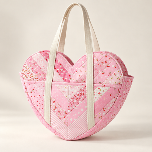 Three-quarter view of the Sweetheart patchwork bag showing the heart silhouette, front pocket and pink side panel. AI-generated finished-sample illustration.