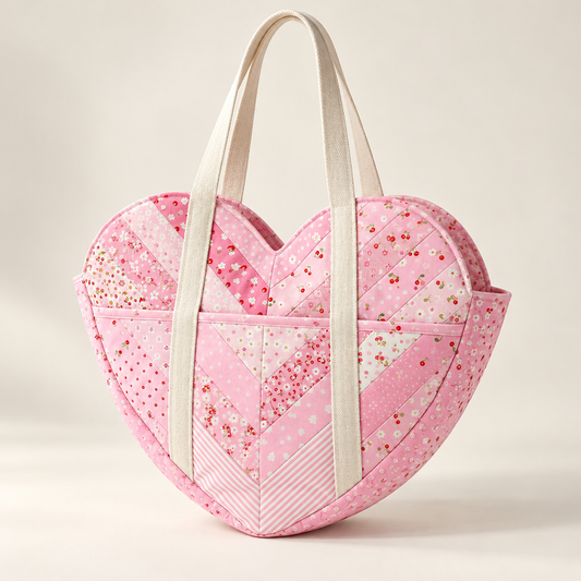Three-quarter view of the Sweetheart patchwork bag showing the heart silhouette, front pocket and pink side panel. AI-generated finished-sample illustration.