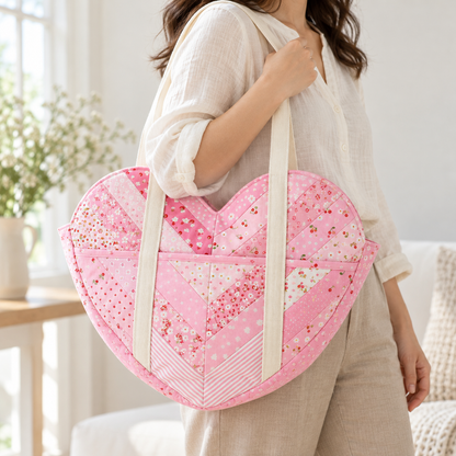 Adult wearing the Sweetheart pink patchwork heart shoulder bag with cream shoulder handles. AI-generated finished-sample illustration.