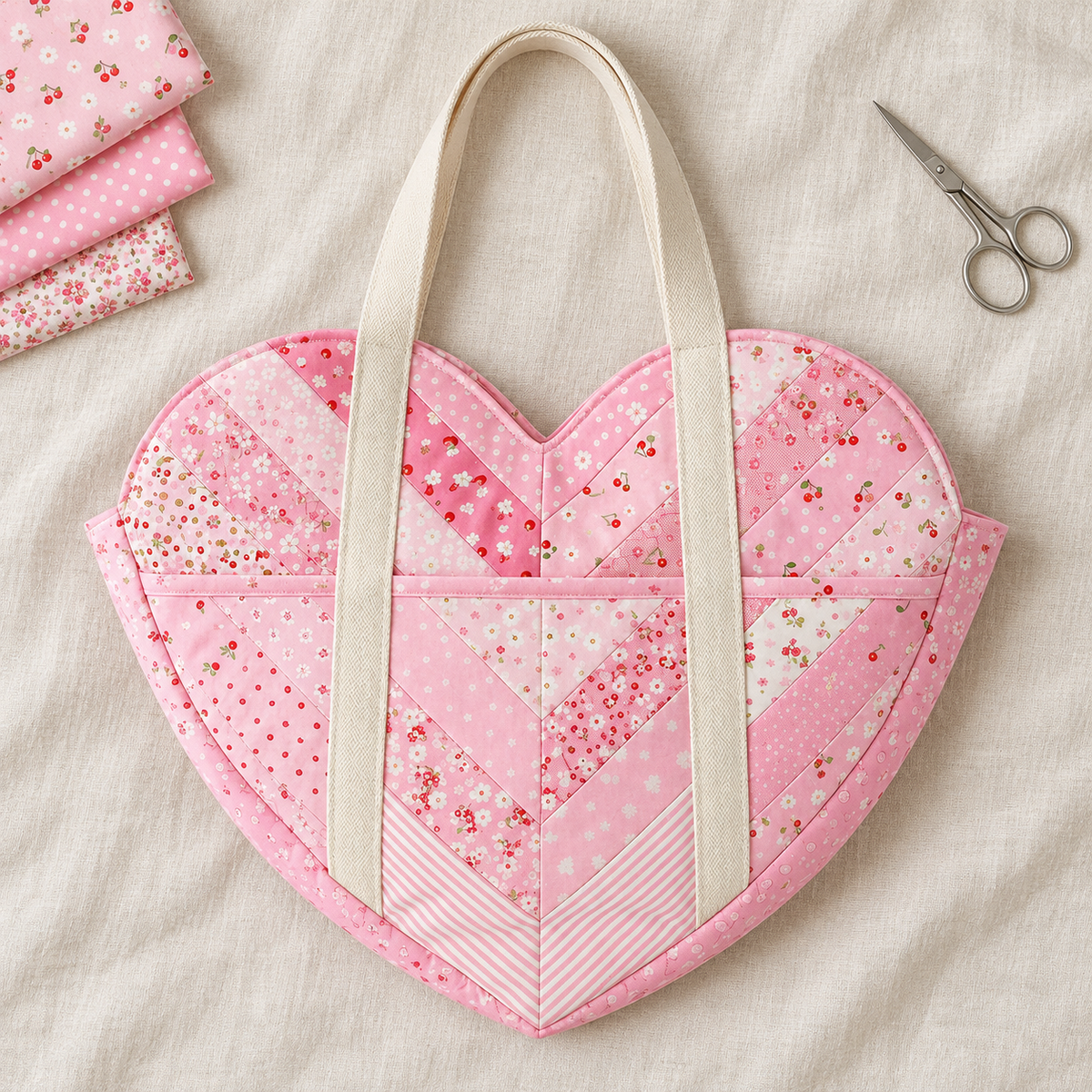 Overhead flat lay of the Sweetheart heart-shaped bag and coordinating cotton fabrics. AI-generated finished-sample illustration.