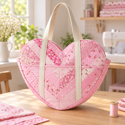 Sweetheart patchwork shoulder bag displayed in a bright sewing room with fabric and sewing tools. AI-generated finished-sample illustration.