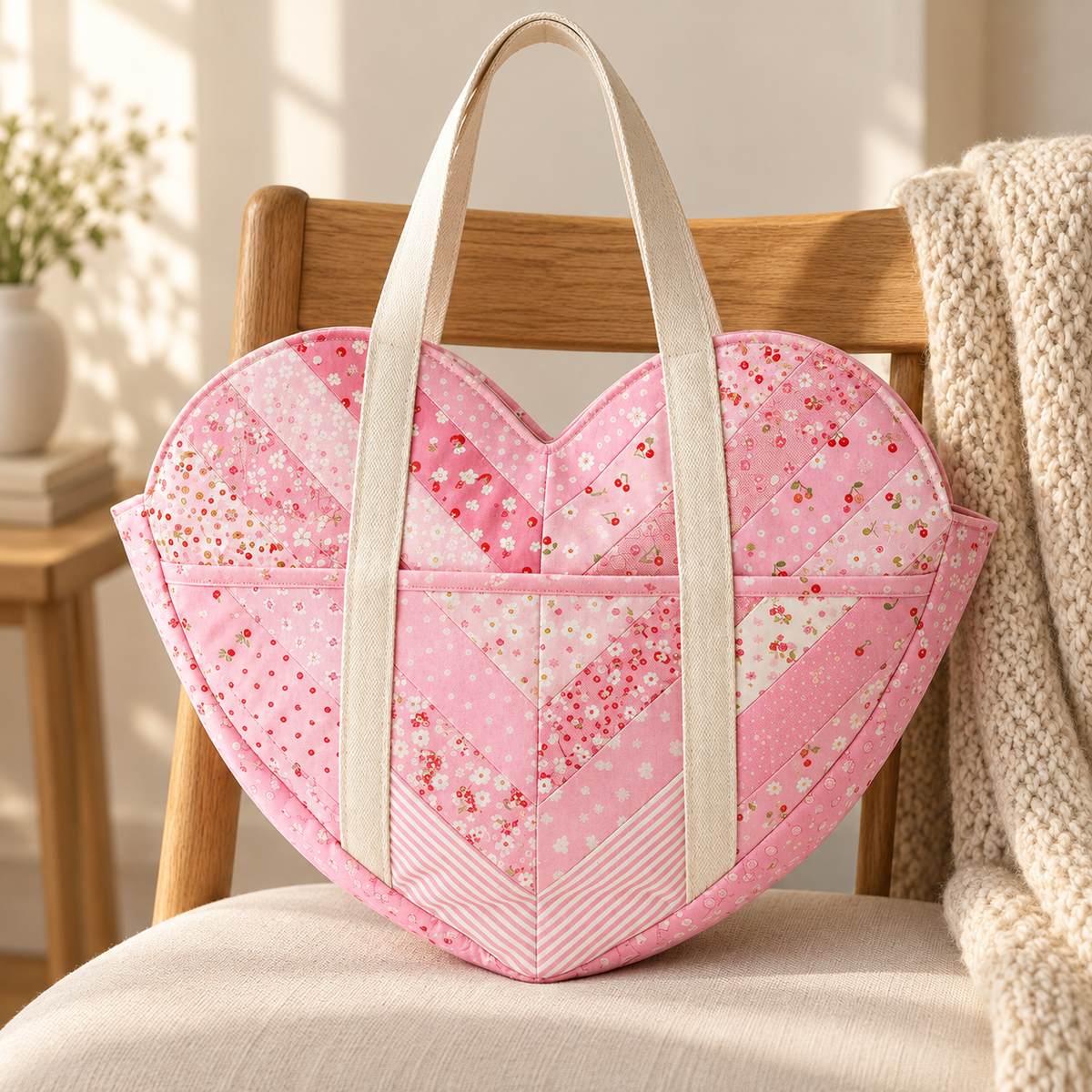 Sweetheart pink heart-shaped shoulder bag styled in a cozy home interior. AI-generated finished-sample illustration.
